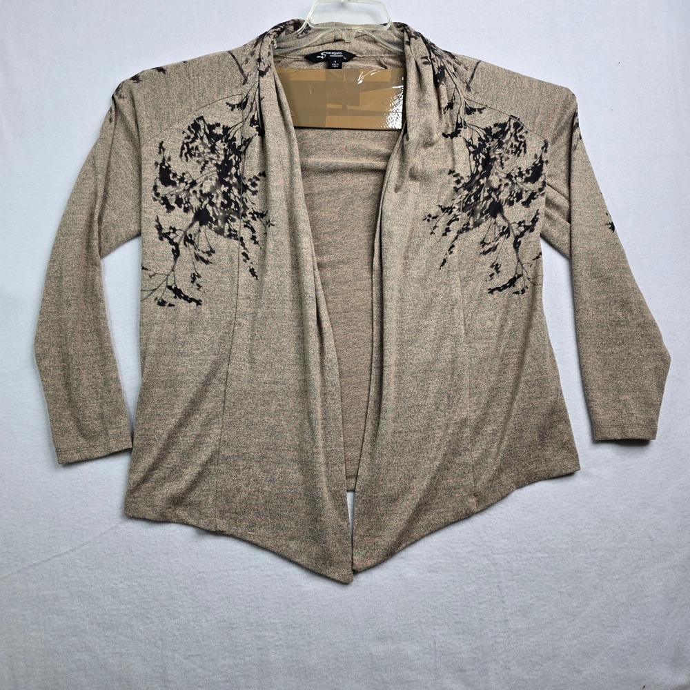 Sharagano Signature Women's Open Front Cardigan Beige Black Floral Print Size S